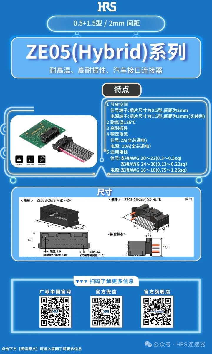 【產(chǎn)品推薦】耐高溫、高耐振性、汽車接口、電源信號混合型連接器ZE05系列